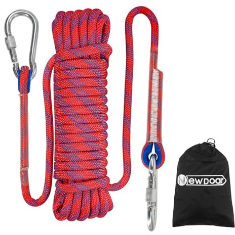 NewDoar 12KN Statisches Kletterseil 10mm Zubehörschnur Ausrüstung Fluchtseil 10M/20M/30M Kletterseile mit 2 Karabinern zum Abseilen, Eisklettern, Feuerrettung, Abseilen etc-Rot/30 m