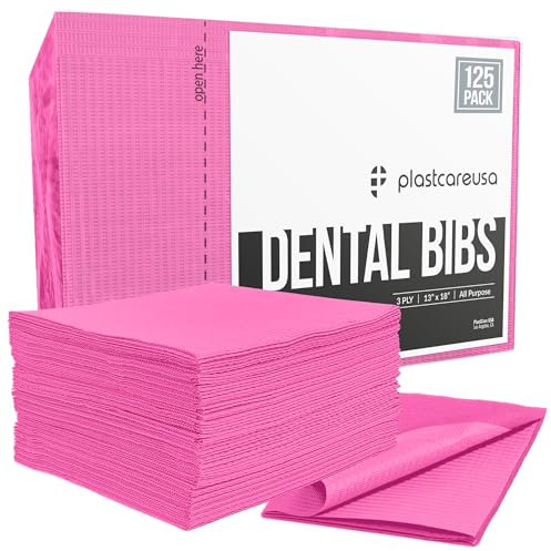 Disposable Dental Bibs 13x18 125 Count (Pack of 1) - 3 Ply Waterproof Tattoo Bib Sheet for Patients - Dentist or Medical Tray Cover and Nail Table Cover Supplies, Fuchsia Hot Pink