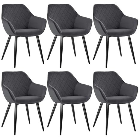 WOLTU Esszimmerstühle 6er Set Küchenstühle Wohnzimmerstühle Polsterstühle Sessel, Armlehnstühle mit Rückenlehne, für Esszimmer, Küche, Wohnzimmer, Samt, Metallbeine, Dunkelgrau, BH153dgr-6