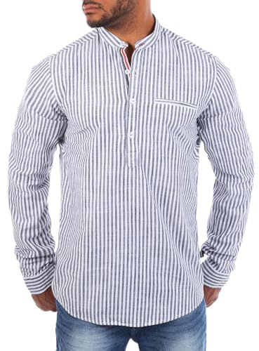 Carisma Herren Tunika Hemd Leinen Baumwoll Mix - Freizeit Oberteil mit Stehkragen trendig längs gestreift Langarm Basic Kontrast Look Legerer Schnitt - Modell 8454