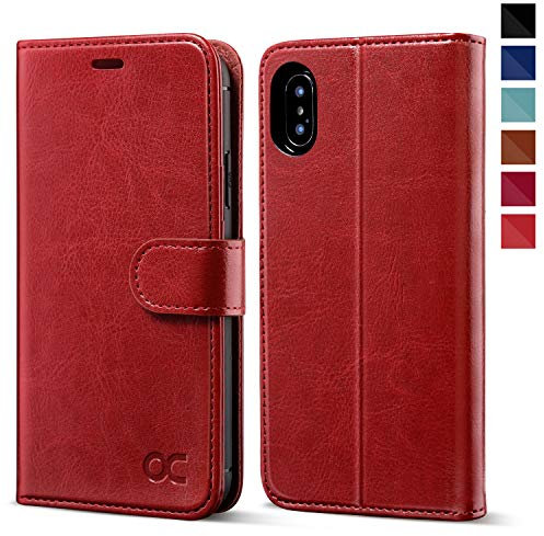 OCASE for iPhone X/XS Case, PU Leather Wallet, Magnetic Flip Folio Cover with Card Holders, Shockproof TPU, and Kickstand for 5.8 Inch iPhone 10, Red