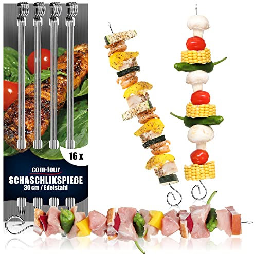 COM-FOUR® 16 Brochetas de kebab de acero inoxidable - Brochetas de carne de 30 cm de longitud - Brochetas de verduras de primera calidad en un juego (30cm - 16 piezas)