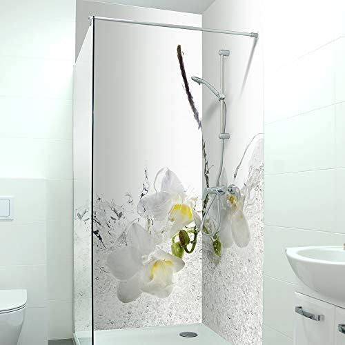 DRUCK-EXPERT Premium Duschrückwand 0,4 mm selbstklebendes Hart-PVC, Größe:2 x B 103 x H 240 cm Hochformat, Muster:Orchideen Splash
