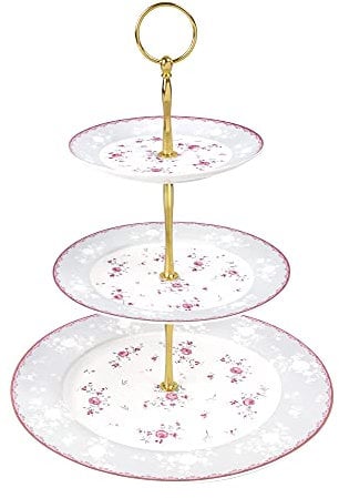 fanquare Tortenständer 3 Etagen Porzellan Cupcake Ständer, Rosa Blumen Runde Obst Ausstellungsstand, Dessert Turmtablett für Hochzeit, Geburtstag und Tee Party