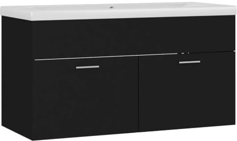 vidaXL Armoire d'Évier avec Lavabo Intégré, Meuble d'Évier avec Rangement, Armoire de Lavabo de Toilette Salle de Bain, Noir Bois d'Ingénierie
