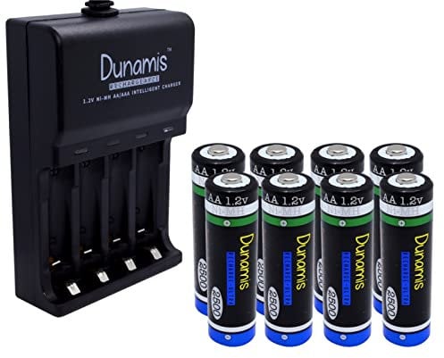 8pk Dunamis 1.2v AA 2500mAh NiMH Rechargeable Batteries & USB Charger/Battery Charging Dock - HIGH CAPACITY Batteries Suitable for High Drain Devices etc … (8pk + Charger, AA 2500mAh)