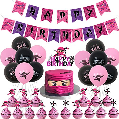 Fangleland Ninja Girl Geburtstagsfeier Dekorationen Rosa Happy Birthday Banner Ninja Ballons Kuchen Topper für Ninja Master Thema Party Supplies
