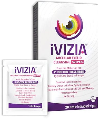 iVIZIA Eyelid Cleansing Wipes for Sensitive Eyelid Cleansing, Condom-Free, Micellar, No Rinse, Gentle Eye Makeup Remover, 20 Sterile Single-Use Wipes for Eyelids