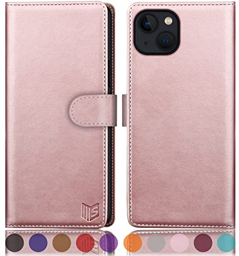 SUANPOT for iPhone 14 6.1 inch case with [Credit Card Holder][RFID Blocking],PU Leather Flip Book Protective Cover Women Men for Apple 14 Phone case Rose Gold