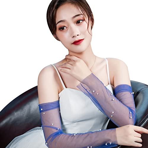 Wooauto Lange Fingerlose Spitze Handschuhe, 1Paar Lange Tüllhandschuhe für Damen Brauthandschuhe Hochzeit Transparente Opernhandschuhe Abendhandschuhe für Hochzeit Opera Fest Abend Party,blau