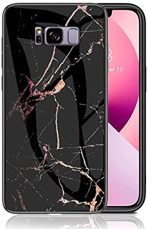 IMEIKONST Kompatibel mit Samsung Galaxy S8 Glitzer Hülle Gehärtetes Glas Rückseite + Stoßfest Weicher Bumper Handyhülle Marmor Kratzfeste Schutzhülle für Samsung S8. Schwarz Gold LSM