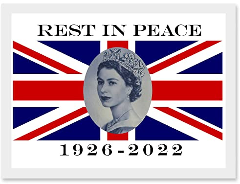 Artery8 Rest In Peace Queen Elizabeth II Union Jack Flag Queen's Funeral National Mourning Window or Wall Decoration Artwork Framed Wall Art Print A4