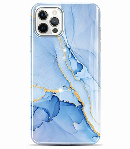 luolnh Gold Glitter Sparkle Case Compatible with iPhone 12 and iPhone 12 Pro 6.1 Inch Marble Design Shockproof Soft Silicone TPU Bumper Cover Skin Phone Case(Light Blue)