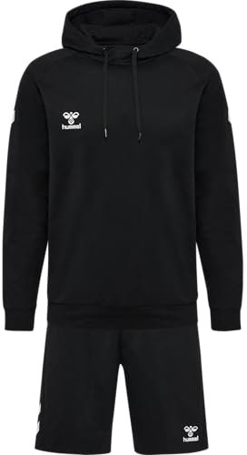 hummel Mover Cotton Hoodie Set - Unisex Kapuzenpullover mit Vordertasche und shorts mit Kordelzug, angenehme Baumwolle Qualität, Casual Training & Sportbekleidung, Schwarz (1er Pack)