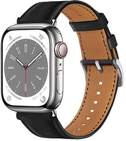 Docco Jette Correa de cuero compatible con Apple Watch Band 49mm,45mm,44mm,42mm(Noir-Silver)
