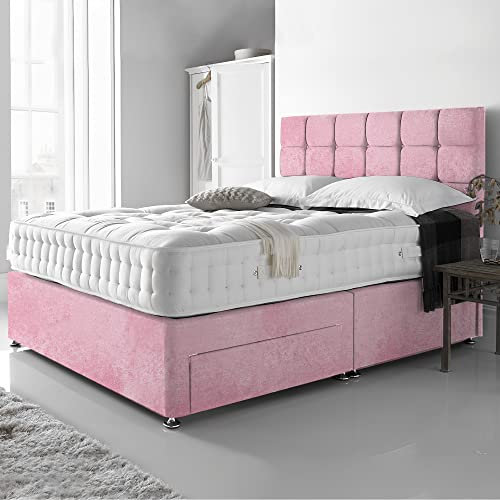 DBZ BEDS Reinforced Small Double Bed Set 4 FT with 2000 Series Mattress - Pink Crushed Velvet Divan Beds Set with Various Storage Options – 26 Inch Headboard with Chrome Glider Feet (Small Double)