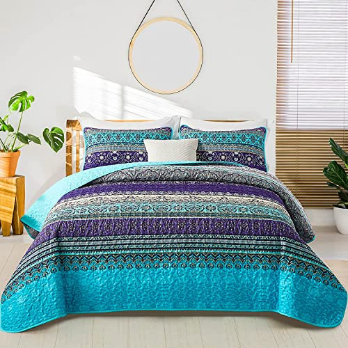 WONGS BEDDING Boho-Steppdecke, volle Größe, lila-blau, böhmisch, leichte Mikrofaser, Bettdekoration, Tagesdecke, für alle Jahreszeiten, 228,6 x 198,1 cm, 3 Stück