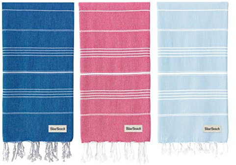 Blue Beach Set di 3 asciugamani da spiaggia turchi, 100 x 180 cm, grande asciugamano turco per hammam peshtemal, super assorbenti, leggeri, compatti per nuoto, bagno, palestra, sauna e viaggi (blu,
