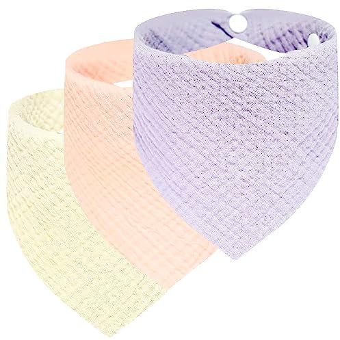 Baby-Sabberlätzchen, Baby-Bandana-Lätzchen, verstellbare 2 Druckknopf-Sabberlätzchen, 6–12 Monate, für zahnende und sabbernde Jungen und Mädchen von 0–24 Monaten (Lila, Rosa und Natur)