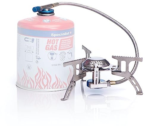 Specialist+ Mini réchaud de camping sur bouteille de gaz - Cuisinière à gaz inox Outdoor 7/16 - Cuisinière à gaz de camping avec allumage automatique et régulateur de flamme - Puissance 3500 W