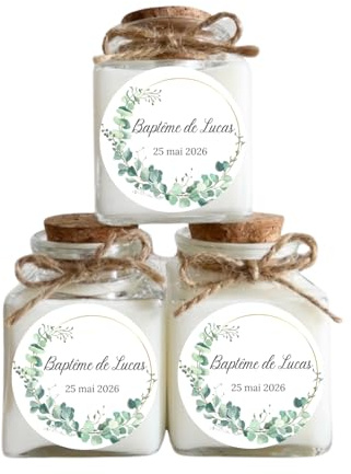 Bougies personnalisées Baptême, cadeau d'invités, thème champêtre. (Lot de 10 bougies) (Fleur de Coton)