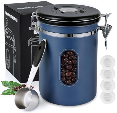 1800ML Airtight Coffee Canister with Date Tracker&Transparent Window, 22.8OZ Coffe Beans Storage with 30ML Measure Spoon&4 co2 Valve, Coffee Container for Grounds Coffee, Beans, Tea, Sugar&Flour(Blue)