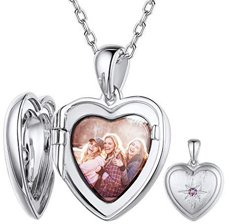 Custom4U Personalised Sterling Silver Heart-shaped Birthstone Locket Necklace Photo Gifts for Women Her Lover