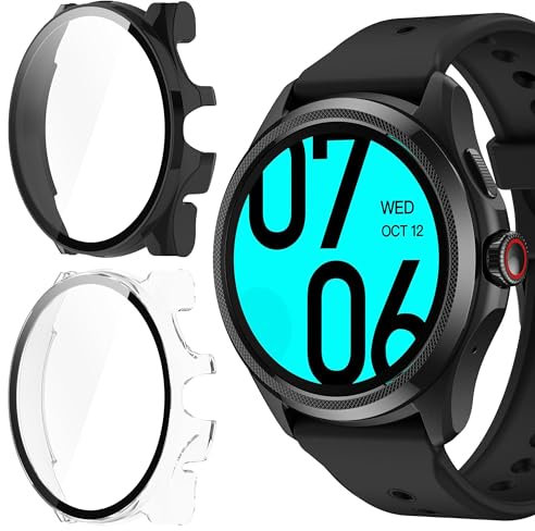 Blueshaweu Protective Case for Ticwatch Pro 5 Android Smartwatch, Hard PC Case with Glass Screen Protector Compatible with Ticwatch Pro 5 Smartwatch (Black + Transparent)