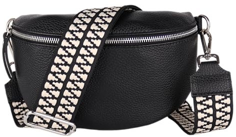 MIRROSI® Bauchtasche Damen, Echtleder, Made in Italy, Umhängetasche, Brusttasche, Crossbody Bag (1 Tasche & 2 Gurte) (Schwarz (Zahnrad Schwarz), Große Tasche (28x18x9cm))