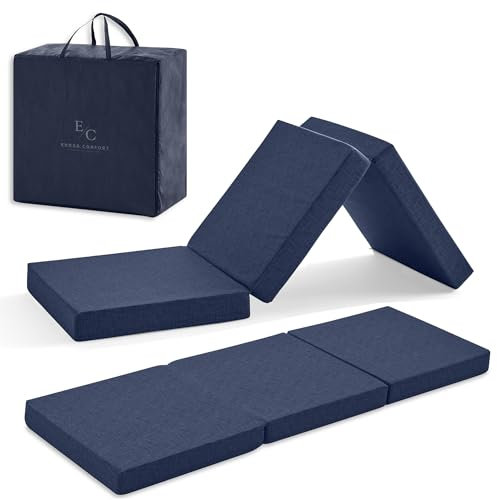 ErossConfort Klappmatratze für Wohnmobile, 90 x 195 cm, HD-Memoryschaum, faltbar, sehr vielseitig, atmungsaktiv, waschbarer Bezug, Höhe 10 cm, Blau. Mit Tasche und Kissen