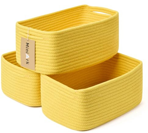 MiniArk Small Storage Baskets for Organizing | Closet Organizer Bins | Shelf Toy Basket | Woven Rope Baskets | Cube Decorative Box | Shallow Basket | 13x8.5x5.1” | 3 Packs Yellow