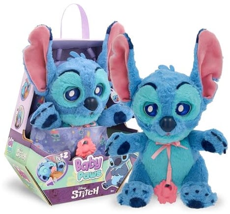 BABY PAWS Stitch, Peluche Interactivo, con Sonidos Que Abre y Cierra los Ojos e Incluye una Bolsa para Llevarlo Contigo, Juguete Regalo para Niños y Niñas de 3 Años o Más