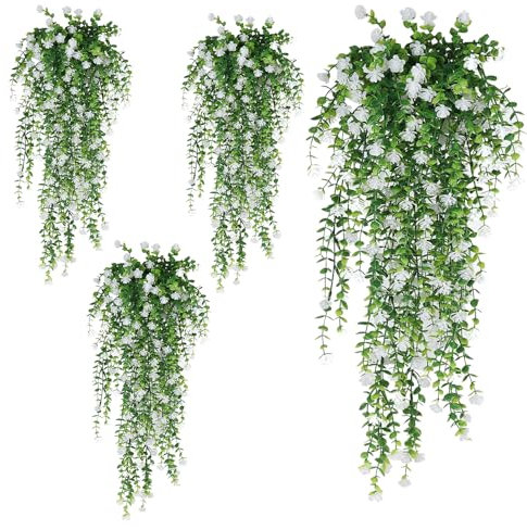 CLIUNT 4Pcs Artificial Hanging Flowers, UV-Resistant Fake Hanging Plants Flower Bouquet, Artificial Trailing Plants for Wall Home Room Garden Yard Patio Wedding Indoor Outdoor Decoration (White)