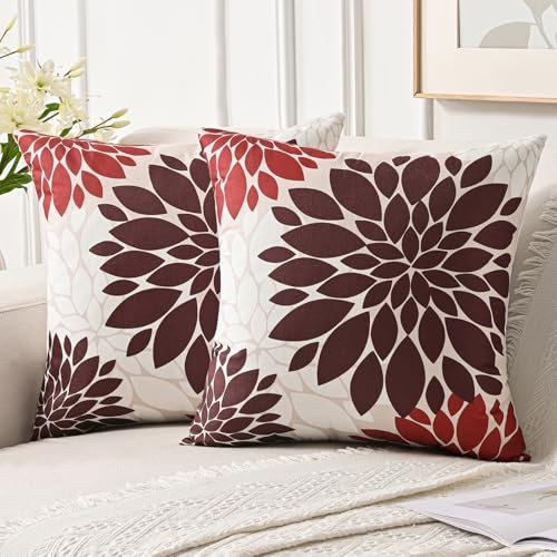 Jayusaror Kissenbezug 50x50 cm Rot Weiss Dahlien Sommer Sofakissen Herbst Deko Kissen Bezug Blumen Outdoor Kissenhülle für Couch Sofa Wohnzimmer Kissenbezüge, 2er Set