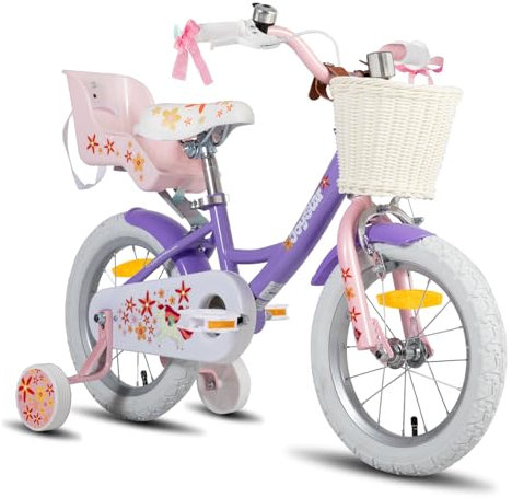JOYSTAR - Bicicletta per bambini a tema unicorno, da 16 pollici, per bambine da 4 a 7 anni, con seggiolino per bambole, rotelle di sostegno, colore: viola chiaro
