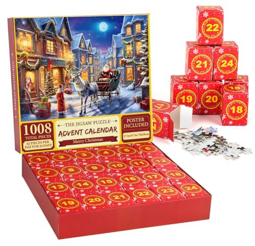 Adventskalender 2024 Weihnachts Puzzle, 1008 Teile Weihnachts Countdown Kalender, Weihnachts Jigsaw Puzzles für Erwachsene und Kinder,Weihnachtsmann Puzzle, Weihnachten Geschenke für Jungen Mädchen