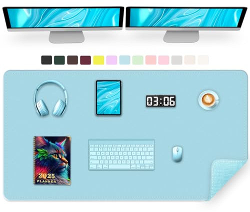 PU Leder Schreibtischunterlage, 120 x 43 cm Maus Tastaturunterlage, rutschfeste Schreibtischmatten, Computer und Laptopunterlage für den Schreibtisch für Haus & Büro (Himmelblau)