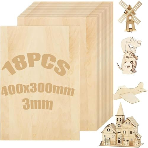 ASelected 18 Stücke Sperrholzplatte Holz 400 * 300 * 3MM - A3 Lindenholz Sperrholz Platte Für Laserprojekte, DIY Modell, Kunst und Handwerk, Gemälde