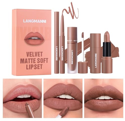 3PCS Matte Liquid Lipstick Lip Gloss & Liner Set - All-IN-One Lip Kit | Velvety Nude Color, Waterproof Lip Make Up Set (# 03)