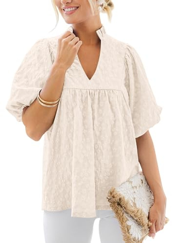 MASCOMODA Womens Puff Short Sleeve Peplum Babydoll Tops 2026(Apricot,L)