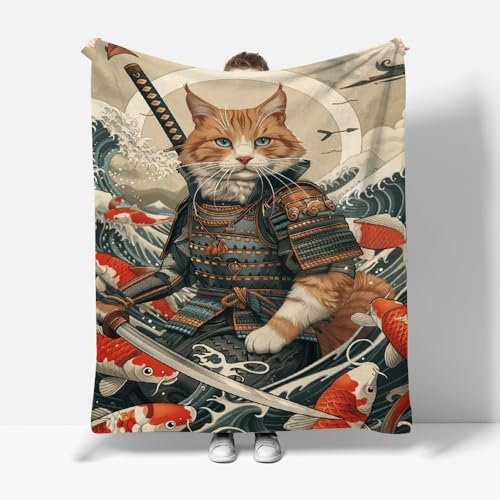 Bedding Flanelldecke Katzen-Samurai 3D-Druckdecke kuscheldecke,Sofadecke,Wolldecke,Bettlaken,Wärme und Isolierung Decke,Klimaanlage Decke für Wohn und Schlafräume - 70x100cm