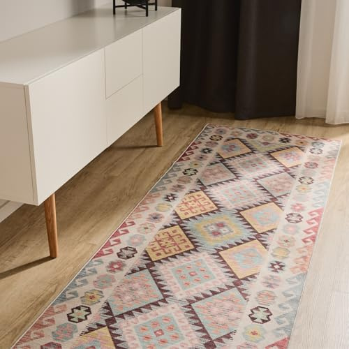 benuta Basic Waschbarer Teppich George - Multicolor 80x240 cm - Kunstfaser - Läufer & im Style: Kelim, Ethno-Style, Shabby Chic - Pflegeleicht für Wohnzimmer Schlafzimmer Flur