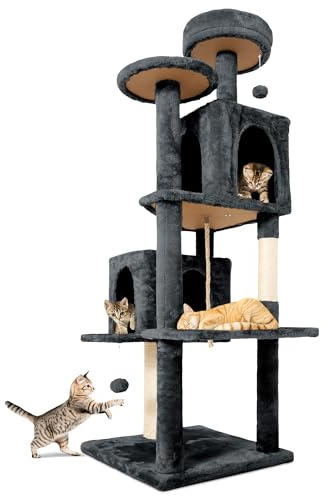 TSCOMON 58.5inch Large Cat Tree Tower Condo for Indoor Cats, Soft Plush Multi-Level Climbing Tree Cat House with 1 360° Rotating Cat Cave, Scratching Post, More Entrance/Exit, Sisal Rope, Grey Black
