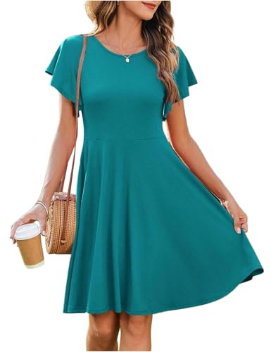 Zeagoo Womens Summer Dresses Short Sleeve Crew Neck Sundress Ruffle Swing Casual Dress with Pockets Peacock Blue L