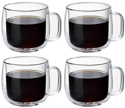 MESNEY Double Wall Glass Coffee Mug, Mug Set of 4 300ml High Borosilicate Heat Resistant Insulated Glass Coffee Cup, Clear Glass Tea Mug, Dishwasher Safe, Ideal for Hot and Cold Beverages