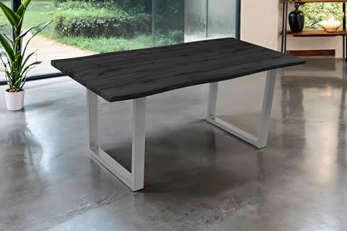 SAM Esstisch Josy | 180 x 90 cm | Holz-Optik in Grau | U-Gestell Metall Silber | 40 mm Tischplatte mit Baumkante | Tisch für Esszimmer & Küche