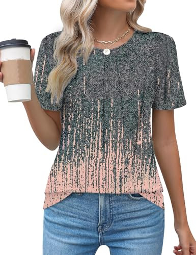 Chicrise T-Shirts Für Damen Kurzarm Rundhals Business Oberteile Elegant Einfarbig Pleated Basic Strick Tunika Orange Grau Graffiti Mittel 38-40