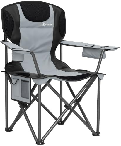 Outsunny Chaise Pliante Camping Chaise de Pêche Rembourrée | Accoudoirs Réglables, Porte-Gobelets, Poches Latérales et Sac de Refroidissement, Fauteuil Pliant, Pêche, Pique-Nique