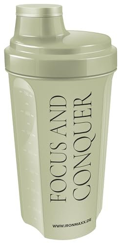 IronMaxx Eiweiß Shaker - 700ml Olive Focus and Conquer | Auslaufsicher, Spülmaschinengeeignet, BPA & DEHP-frei | Proteinshaker mit Drehverschluss, Sieb & Mess-Skala