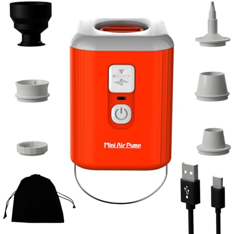 Huilynsen Tragbare Mini-Luftpumpe mit Licht für Campingzwecke – Leises Aufblasen/Entleeren von Luftmatratzen, Schwimmringen, Pools und Vakuum-Aufbewahrungsbeuteln mit 5 Düsen, 1600-mAh-Akku, orangefar
